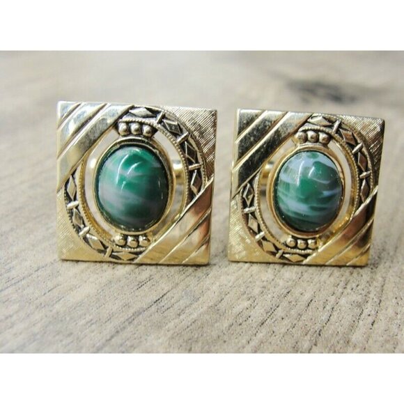 Anson Cufflinks Gold Tone Green Stone Tux Shirt Dress Suit Vintage - Picture 2 of 6